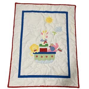 Vintage Baby Togs Quilt Red Blanket Giraffe Lion & Elephant Pastel 45" X 35"